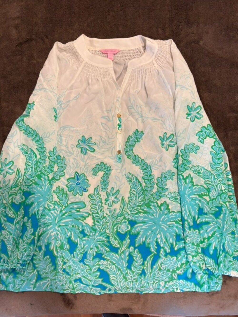 Lilly Pulitzer 100% Silk Tropical Floral Smocked V-Neck Blouse Top Large